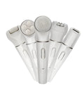 White 5-in-1 electric face and body massager scrubber with 5 interchangeable heads and rechargeable base
