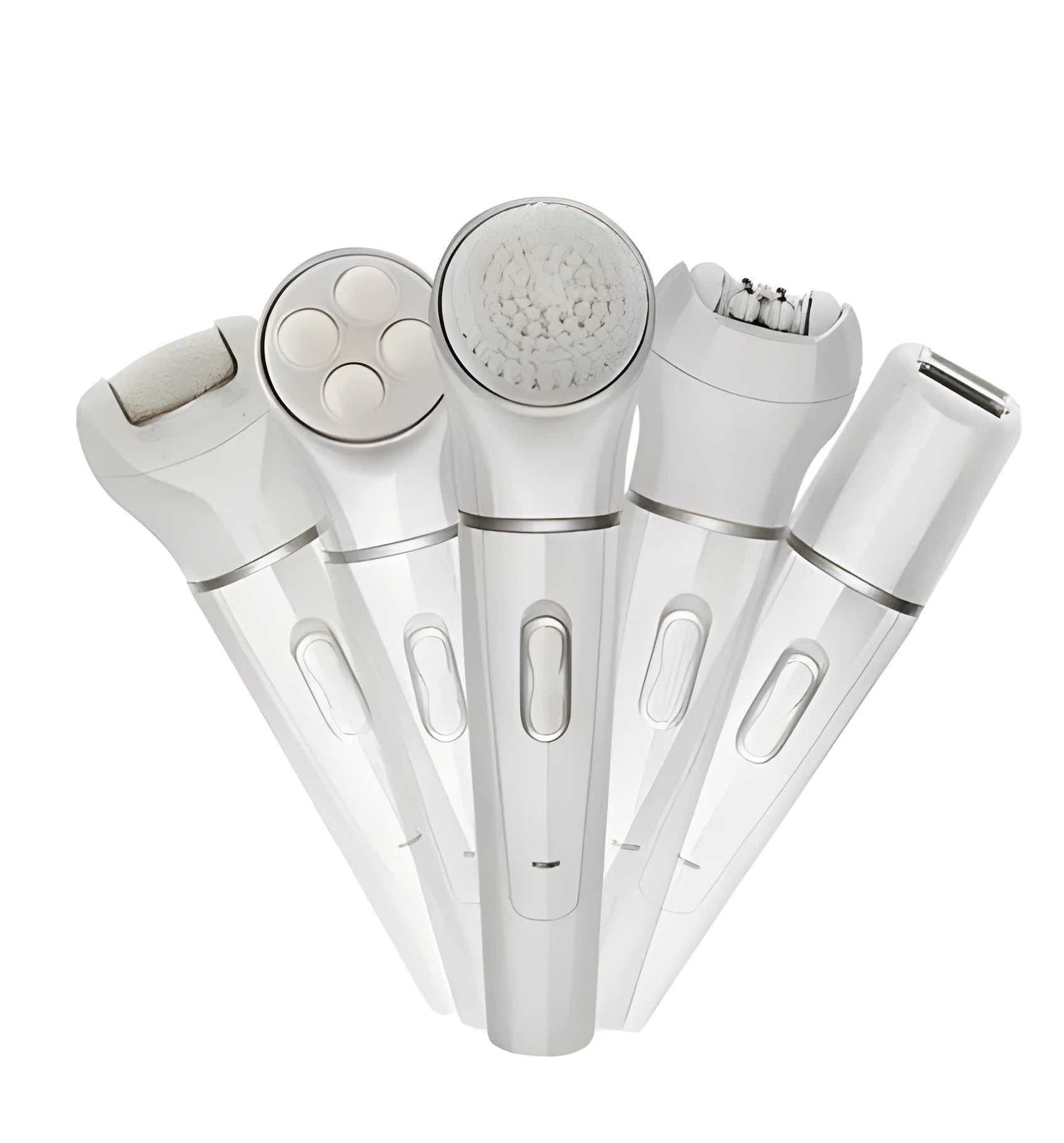 White 5-in-1 electric face and body massager scrubber with 5 interchangeable heads and rechargeable base