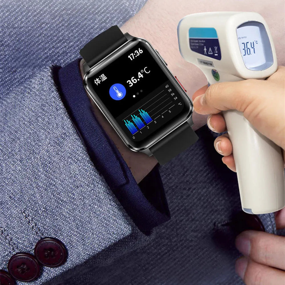 Air Type multi-sport watch with 1.70 inch tempered glass screen and blue silicone wristband showing heart rate data