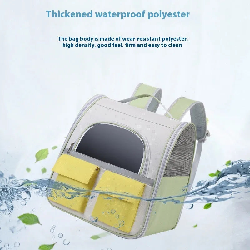 Cat backpack with transparent acrylic front and Oxford cloth body in white and yellow colour scheme