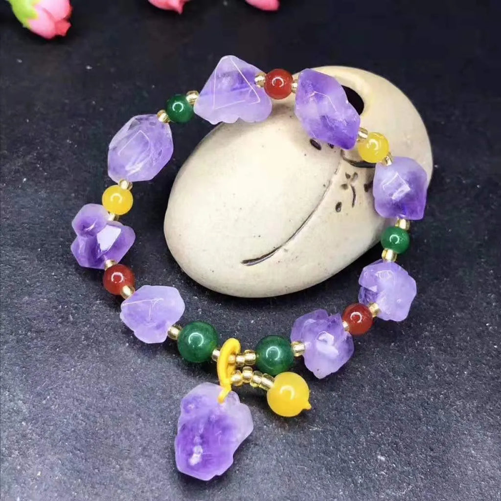 Amethyst bracelet with natural shaped beads and fu character charm for women