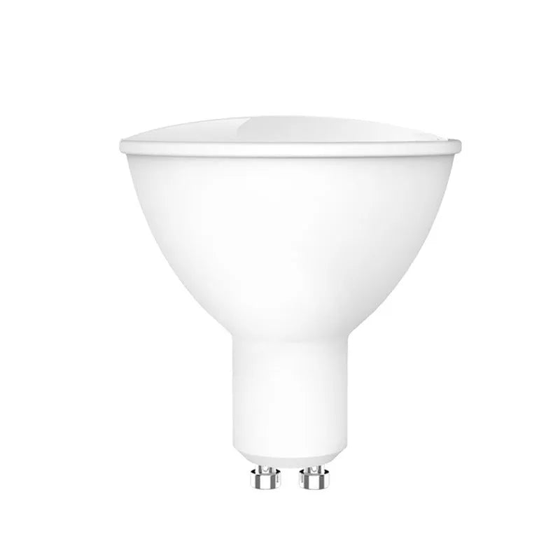 GU10 smart LED spotlight bulb with RGBCCT colours, shown in a standard spotlight socket.