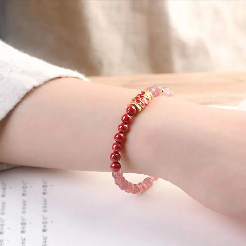 Purple cinnabar and strawberry quartz bracelet with lucky beads and peach blossom design for women