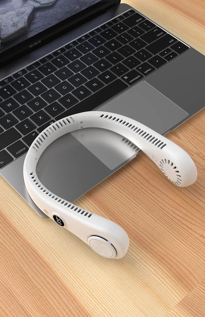 White USB rechargeable bladeless neck fan being worn, showing soft silicone neckband and compact design.