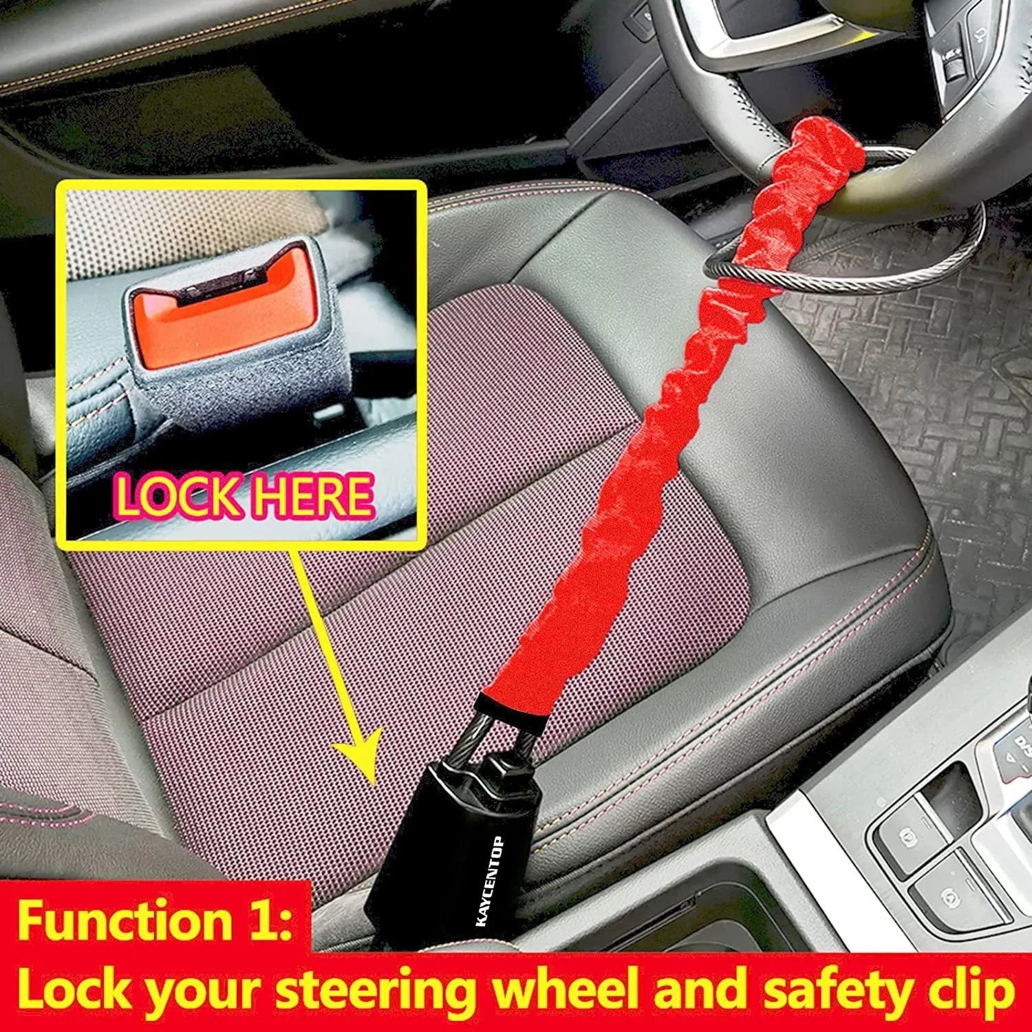 Iron wire rope steering wheel lock for General Motors cars with copper lock core in choice of colours