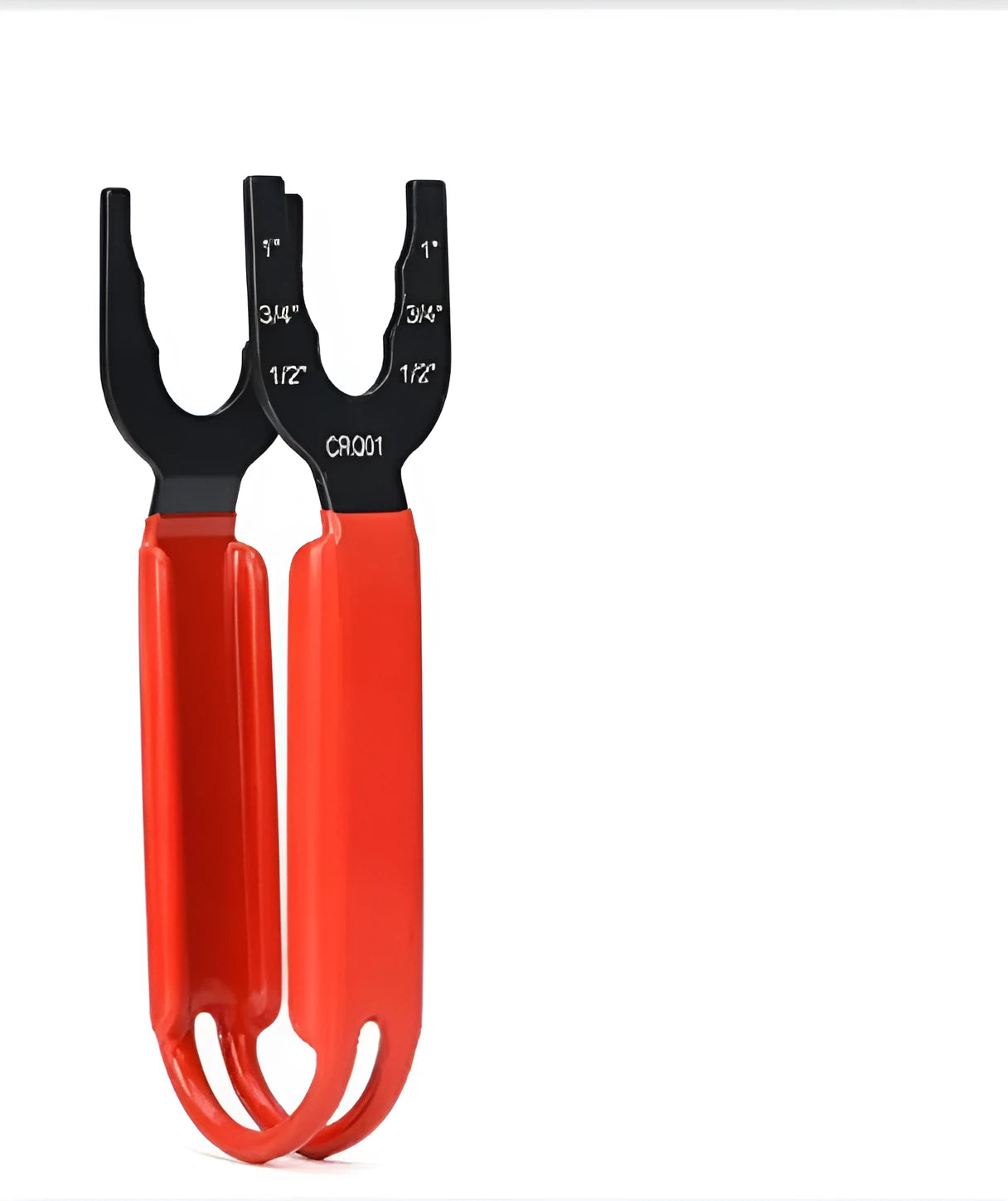 A bright orange steel pipe wrench with an adjustable jaw and a black PVC handle on a workbench.