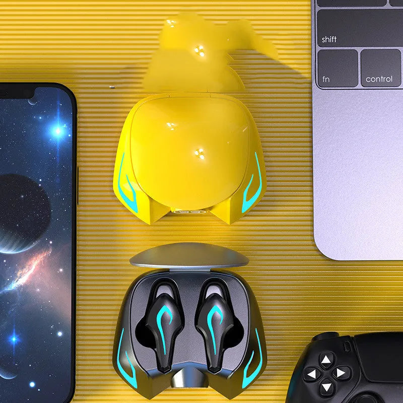Black grey wireless Bluetooth gaming headset with earplug design showing battery display