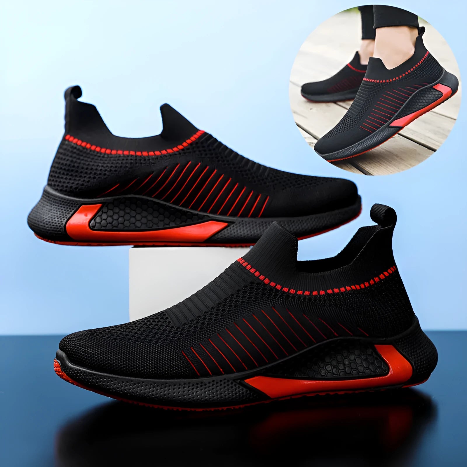 Men's mesh slip-on sneakers with striped design and Flyknit upper in lace-up running shoe style