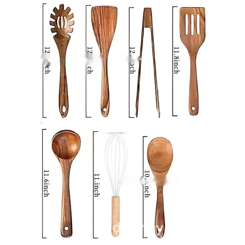 Seven-piece wooden kitchen utensil set with spoons and spatulas in natural finish