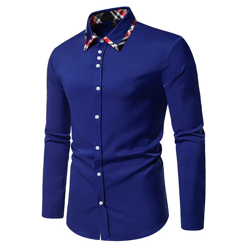 Men's blue plaid long sleeve shirt with triangle collar on hanger
