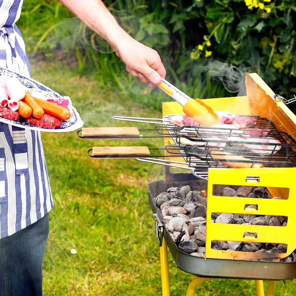 Burlywood barbecue grill mesh basket with rotary lid and long wood handle on a grill