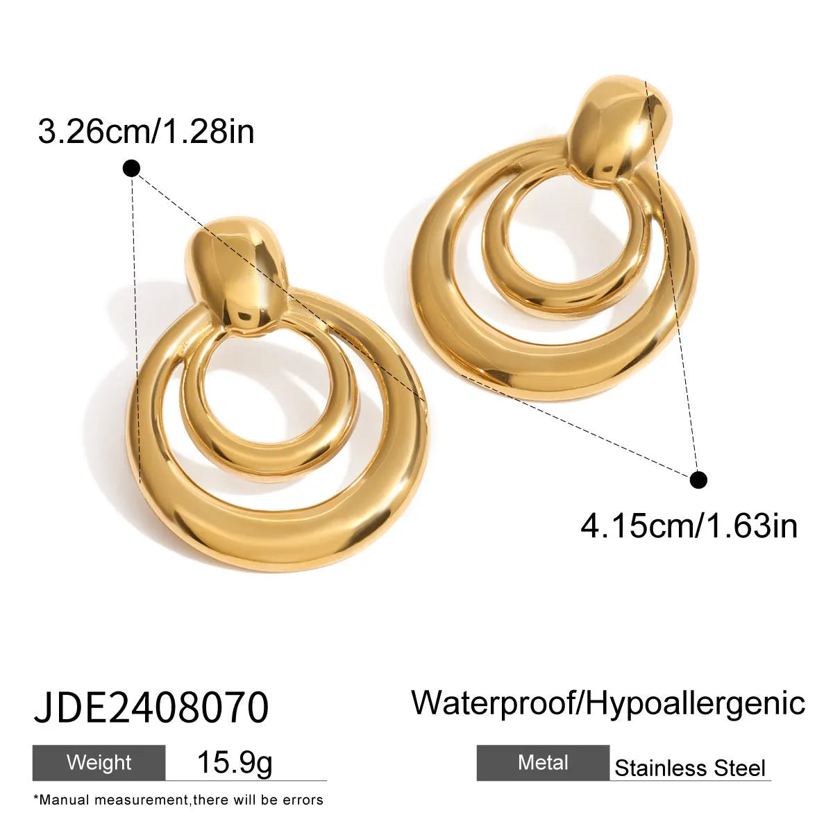 Gold tone geometric round stud earrings with hollow double-layer design on titanium steel backing