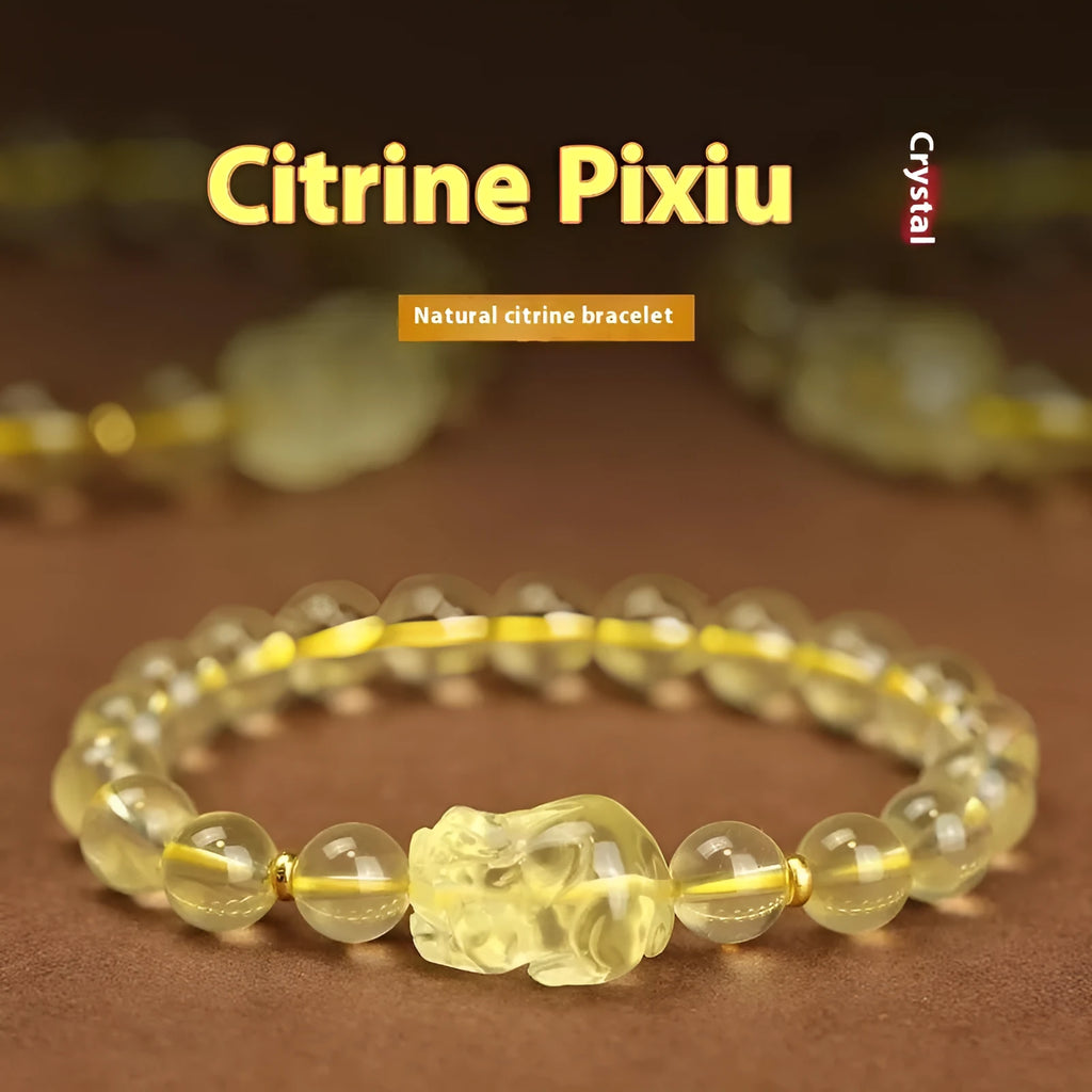 Yellow leather cord Pi Xiu bracelet with artificial crystal charms in simple Chinese style