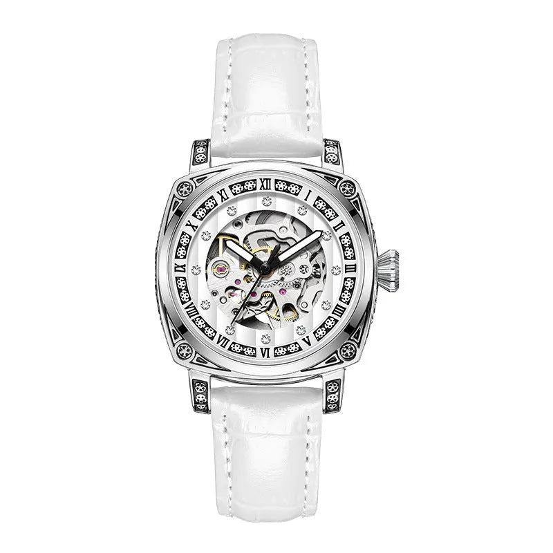 Men's black mechanical watch with luminous hands on a leather belt strap with needle detailing.