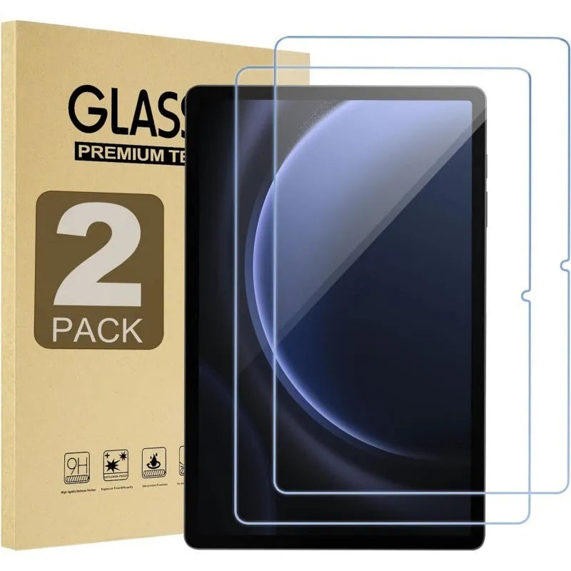 Samsung Galaxy tablet with a clear tempered glass screen protector applied, showing anti-fingerprint properties.
