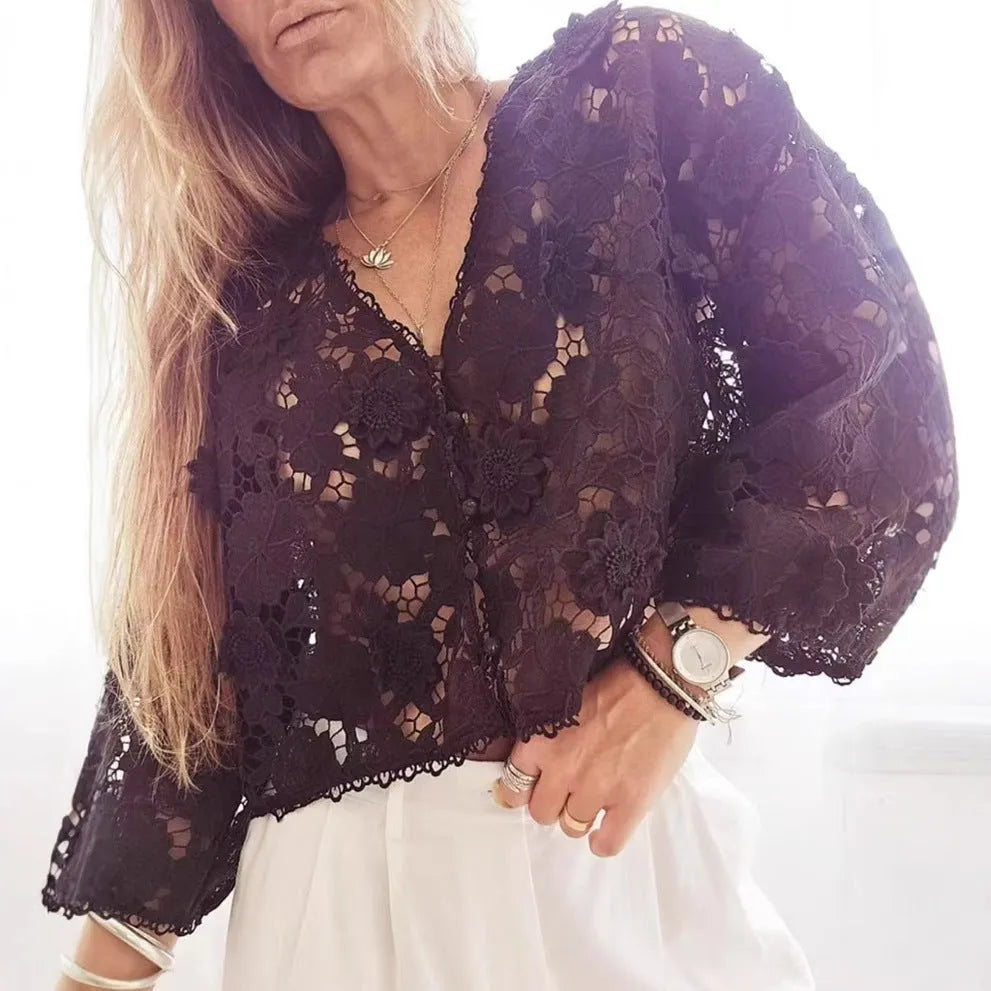 Women's loose lace cardigan with V-neck and three-dimensional flower decoration in black, white or khaki