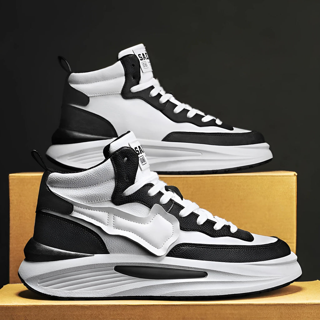 Men's black and white platform high-top board shoes with PU upper and round toe design