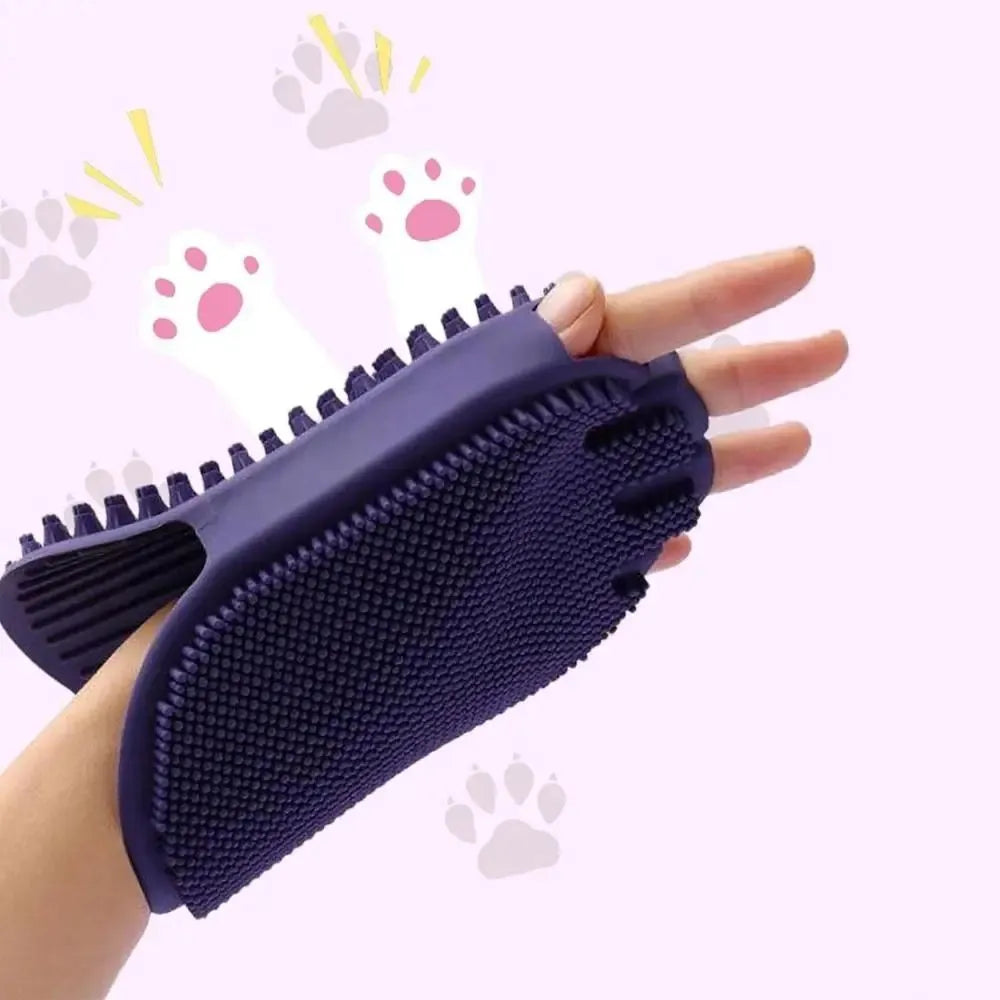 Purple massaging pet shampoo brush with soft TPR bristles, dual-sided dog grooming tool on white background