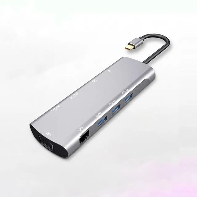 Grey aluminium USB-C docking station with HDMI, VGA, USB ports and 140mm cable