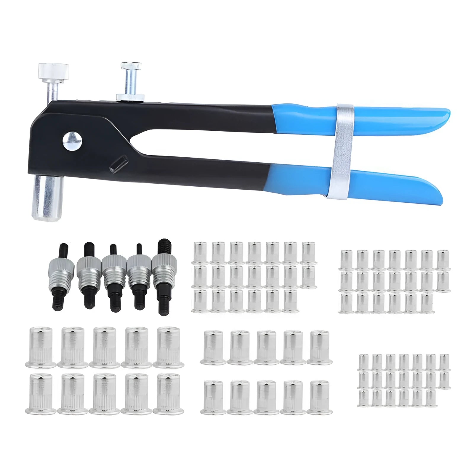 Manual riveter nut set with alloy steel construction including riveter gun and threaded rivet nuts
