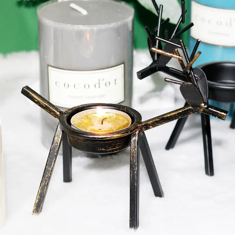 Black iron Christmas deer candlestick holder with elk antler design