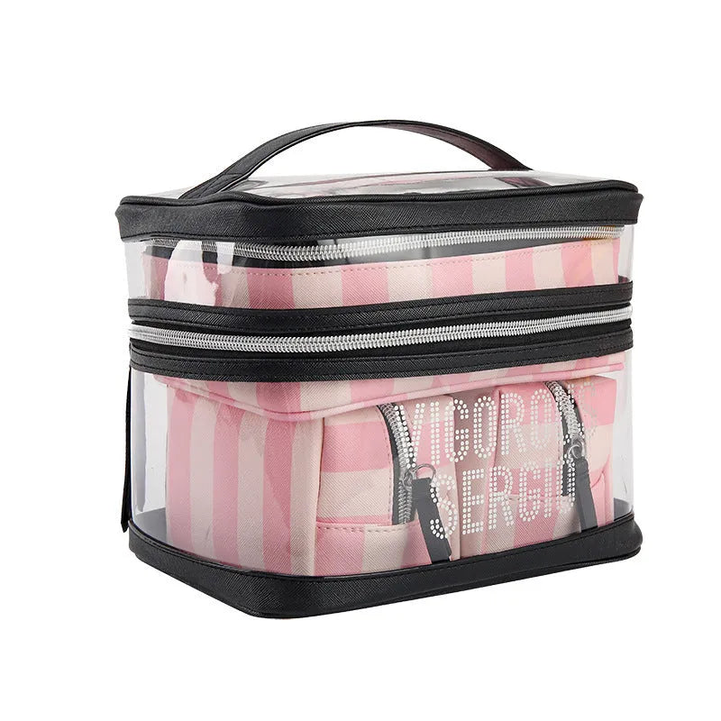 Pink bold stripes floral pattern folding makeup bag with waterproof synthetic leather construction
