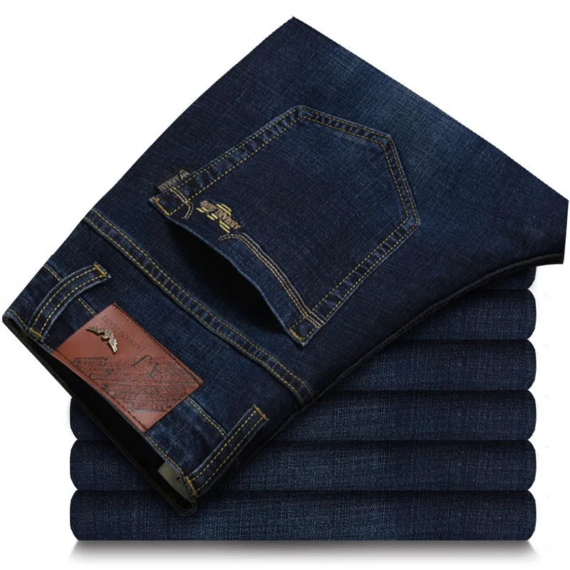 Men's elastic business straight jeans in 8151 blue wash with worn white finish, zipper fly, and pocket details