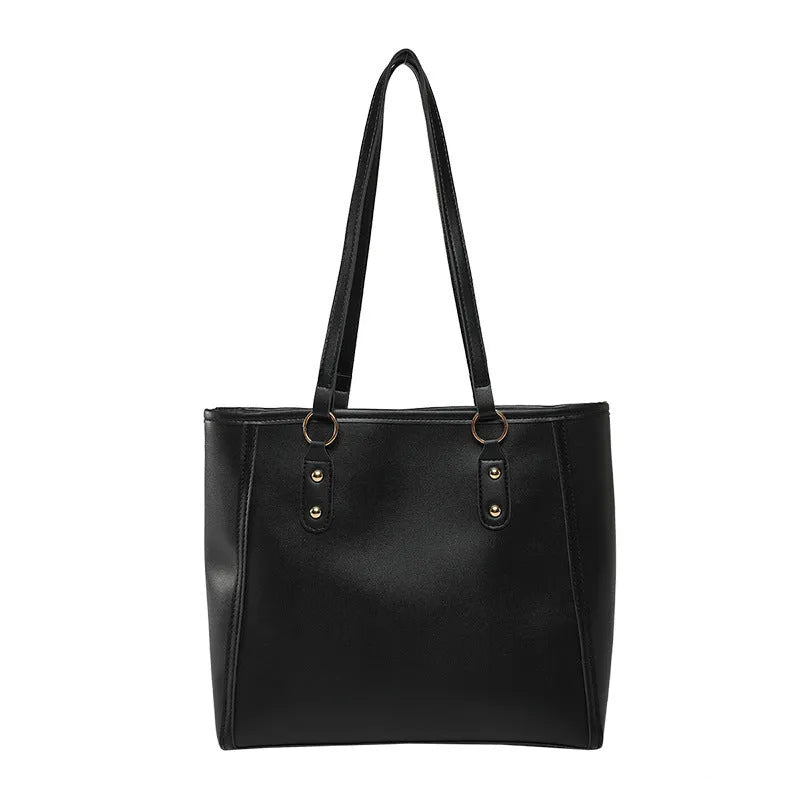 Korean style black PU shoulder underarm bag with a sandwich pocket and horizontal square shape.