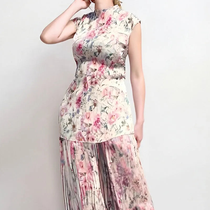 Long sleeve printed chiffon dress with high waist design in picture colour pattern