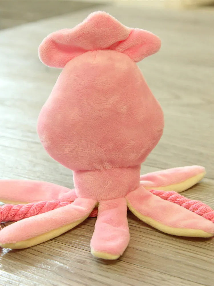 Pink octopus pet plush rope toy for dogs with tentacle design and rope construction