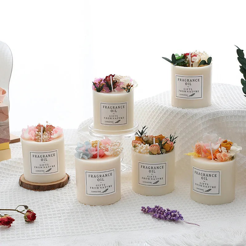 Scented aromatherapy candle with dried flowers inside, shown with optional wooden chip base and gift box packaging.