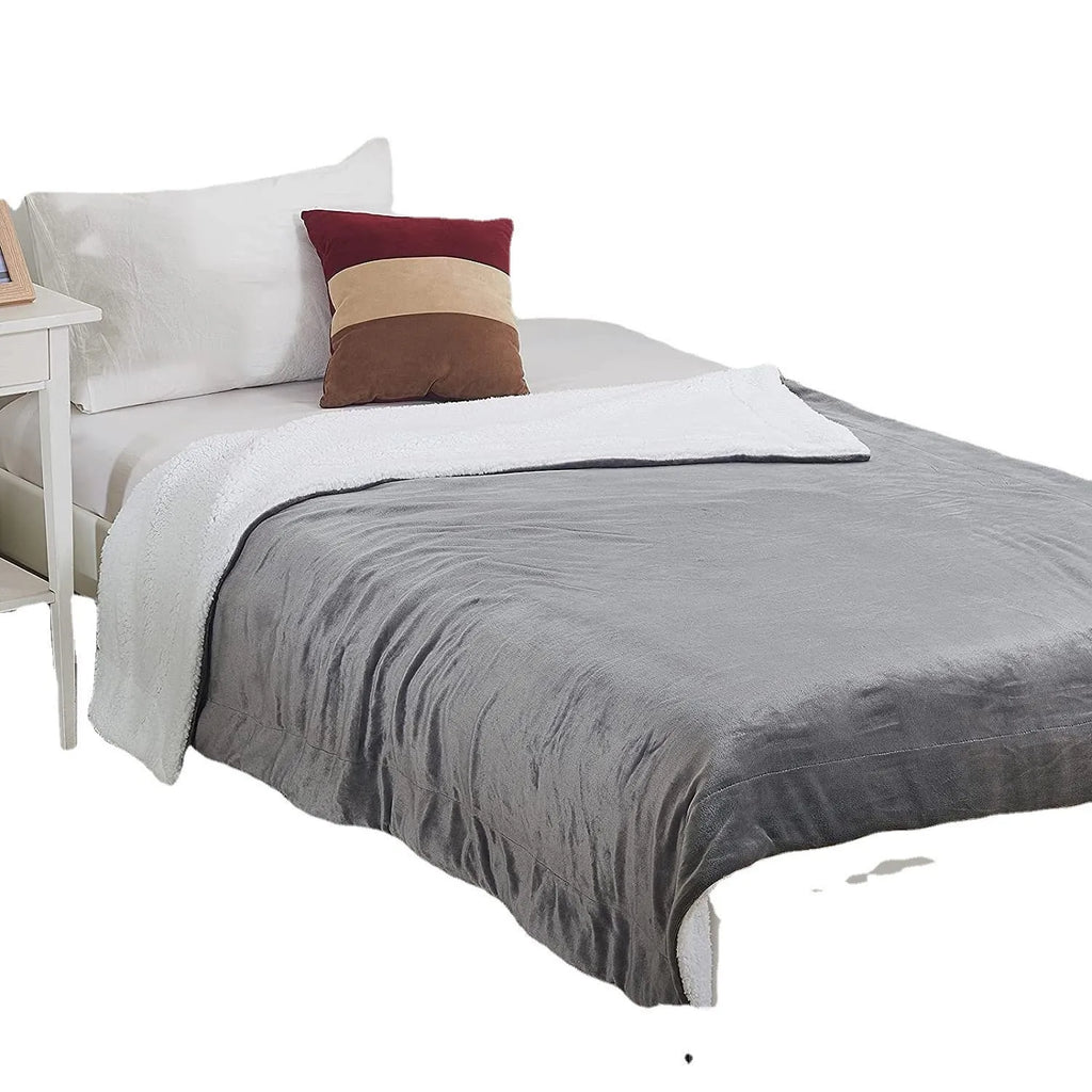 Grey USB electric heating blanket with temperature controls on flannel fabric