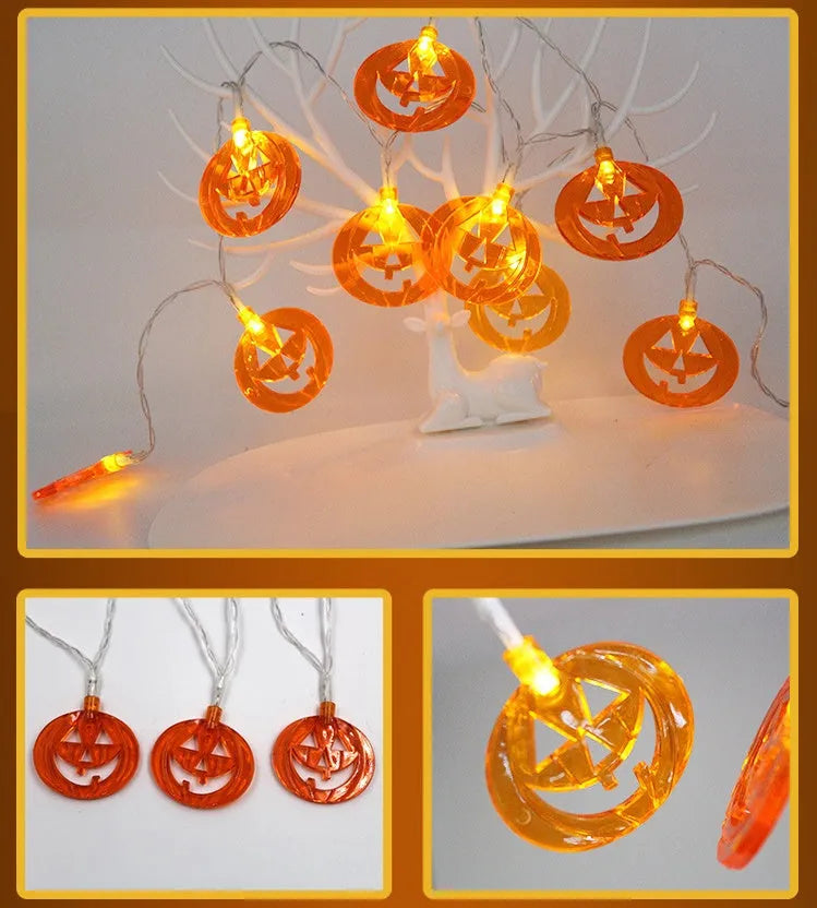 Halloween LED string lights with pumpkin, ghost, bat and spider pendants on a 1.2 metre battery-powered string