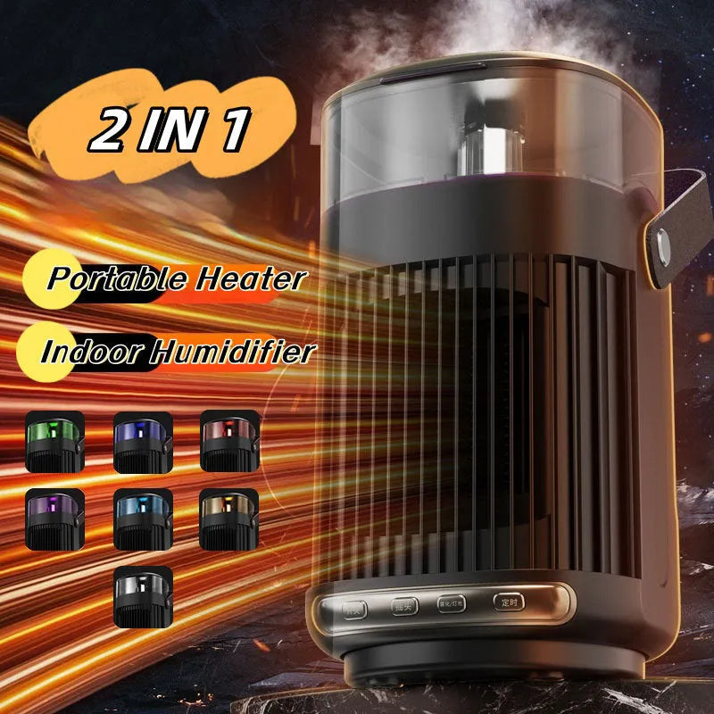 Black portable PTC heater with humidifier, showing front control panel, dimensions 24x13x13cm.