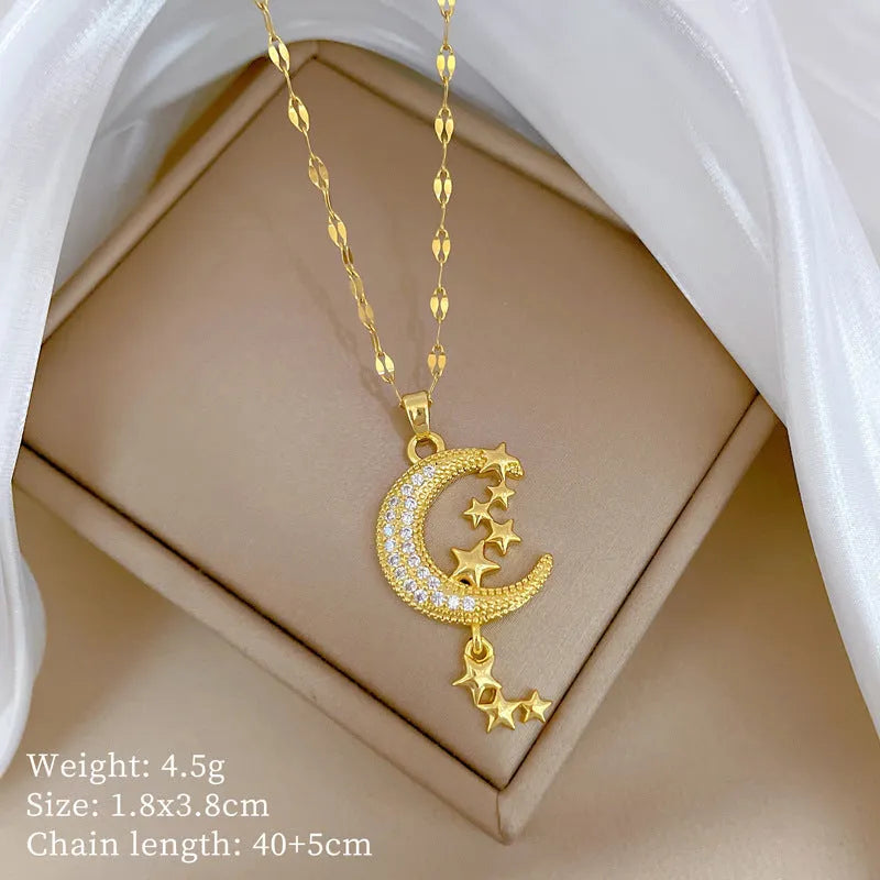 Geometric moon tassel necklace with stainless steel chain and copper pendant