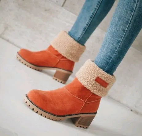 Women's suede mid-tube snow boots with thick platform sole in khaki colour