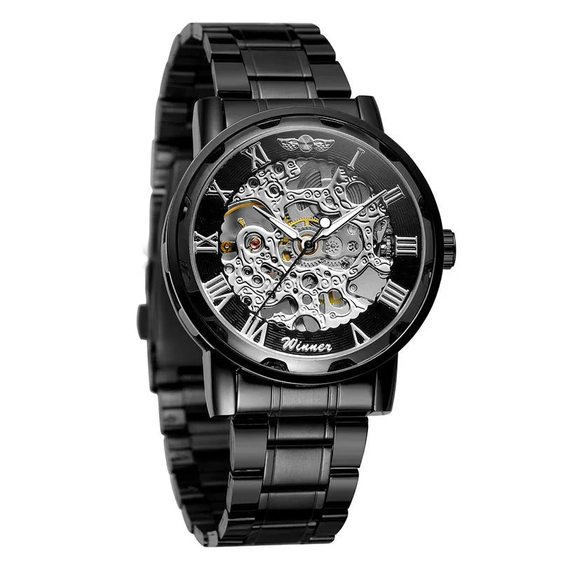 Men's retro automatic mechanical watch with black round dial, mineral glass mirror, and stainless steel butterfly clasp