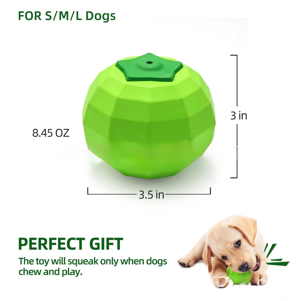 Green natural rubber squeaky dog toy for aggressive chewers, shown with dimensions.