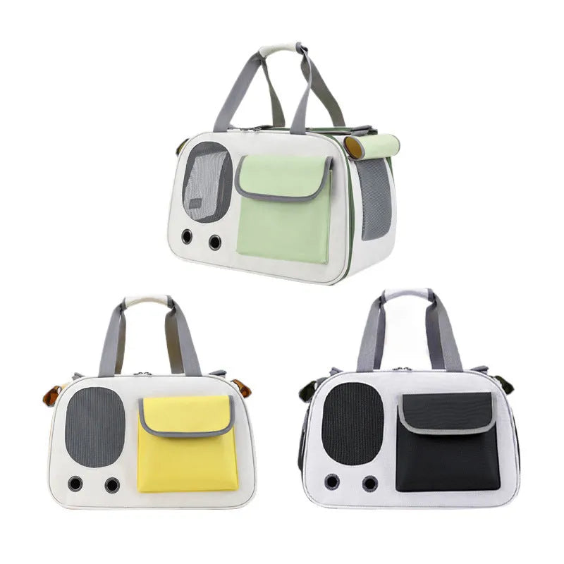 A foldable single-shoulder canvas pet bag in a solid colour, shown with the strap extended.