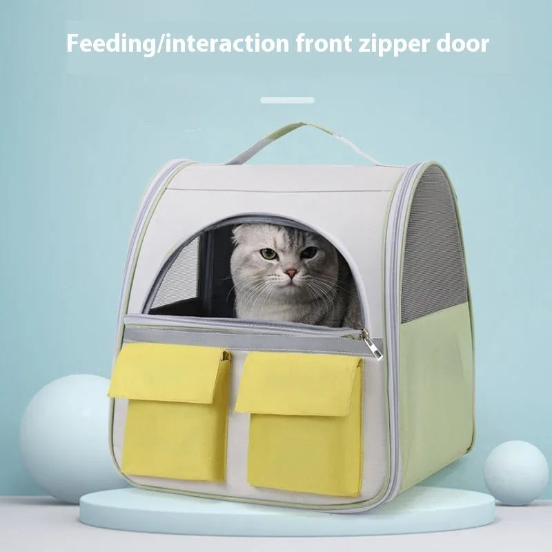 Cat backpack with transparent acrylic front and Oxford cloth body in white and yellow colour scheme