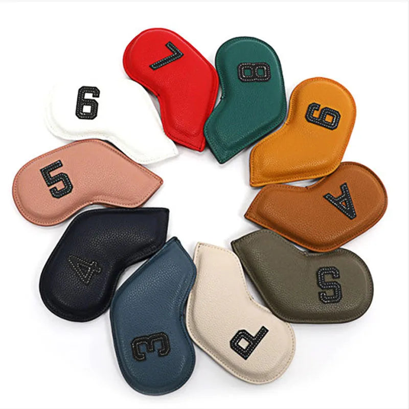 Set of 10 colourful digital print golf club head covers in PU leather for driver, woods, and irons