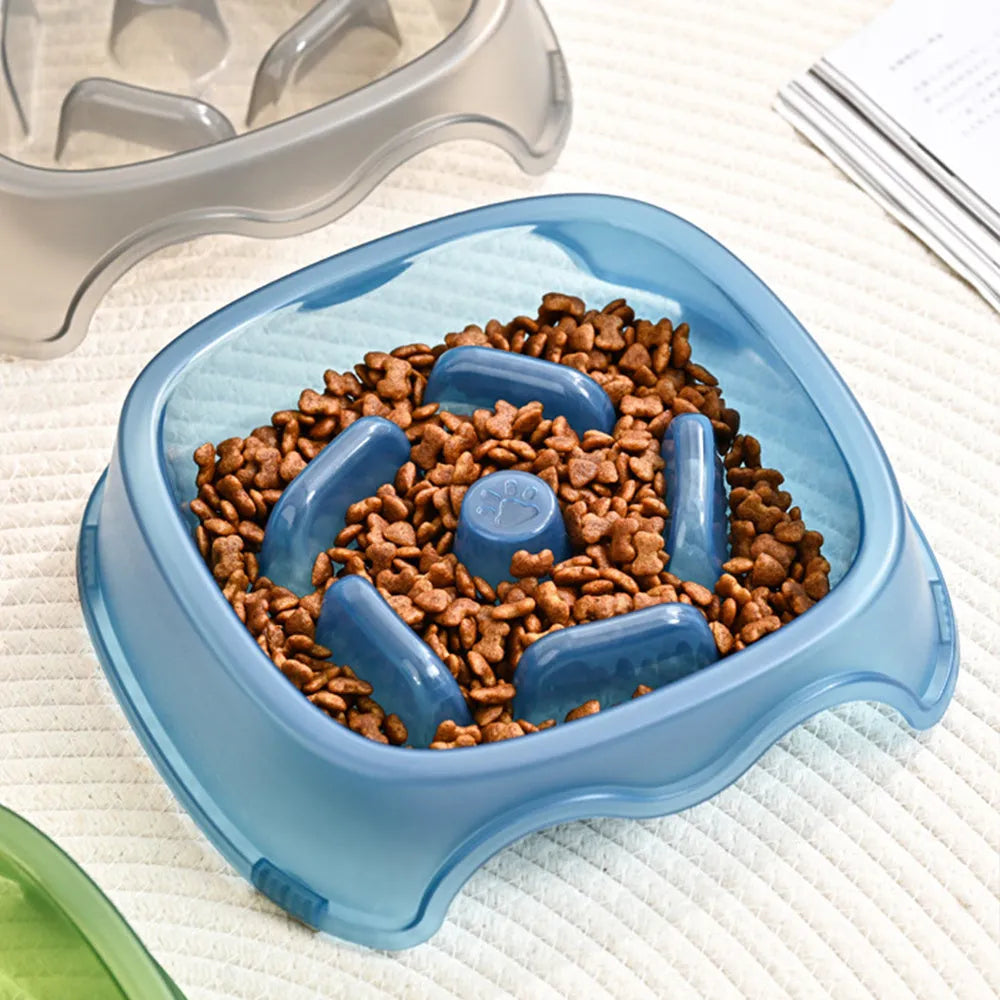 Plastic dog slow feeding bowl with anti-choking design in blue, grey, green, and orange colour options