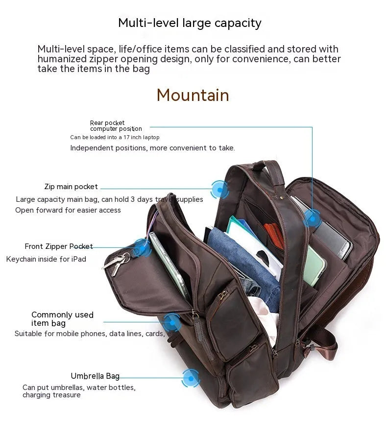 Dark brown genuine leather backpack with 17-inch laptop compartment and double shoulder straps