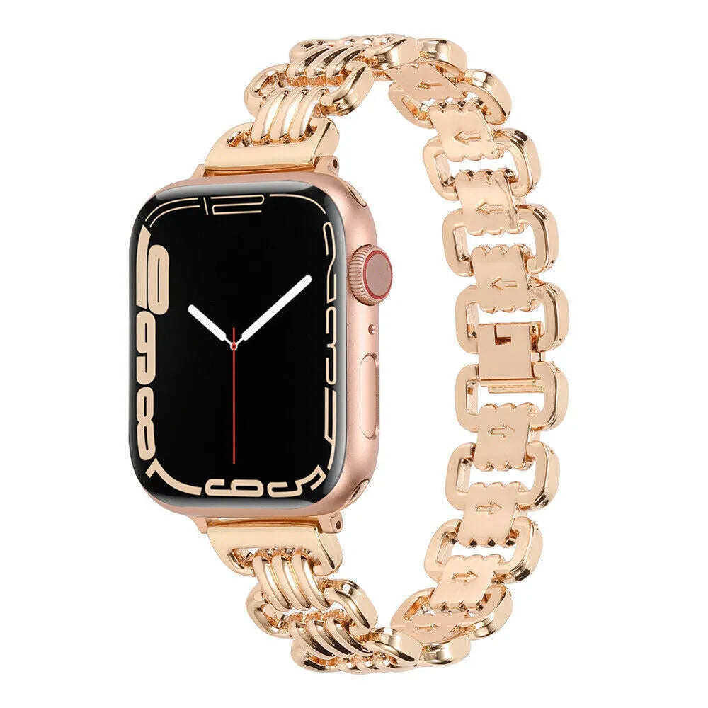 Alloy metal Apple Watch bracelet in silver, black, gold, rose gold and Starlight colours for 38mm to 49mm cases.