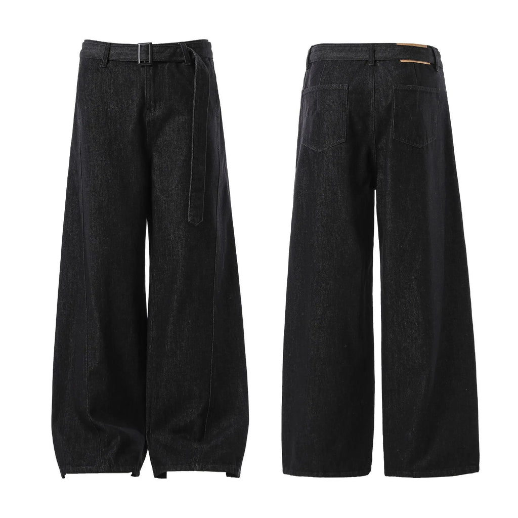Black high waist straight leg jeans with gold zip fly and retro American styling details