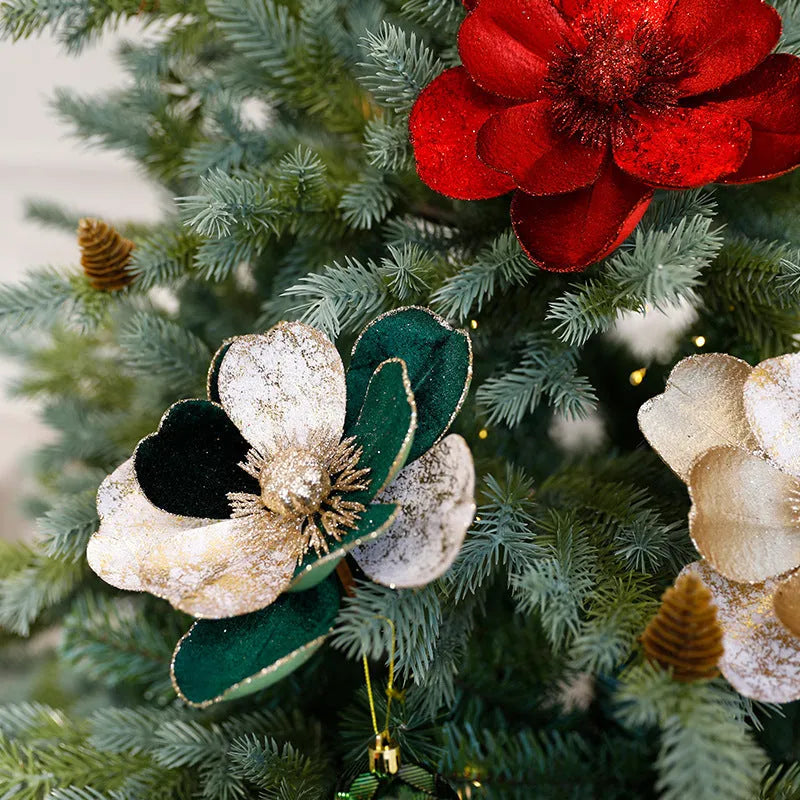 Set of three 15cm flannel Christmas flower ornaments in Champagne Gold, Dark Green, and Wine Red for tree decoration
