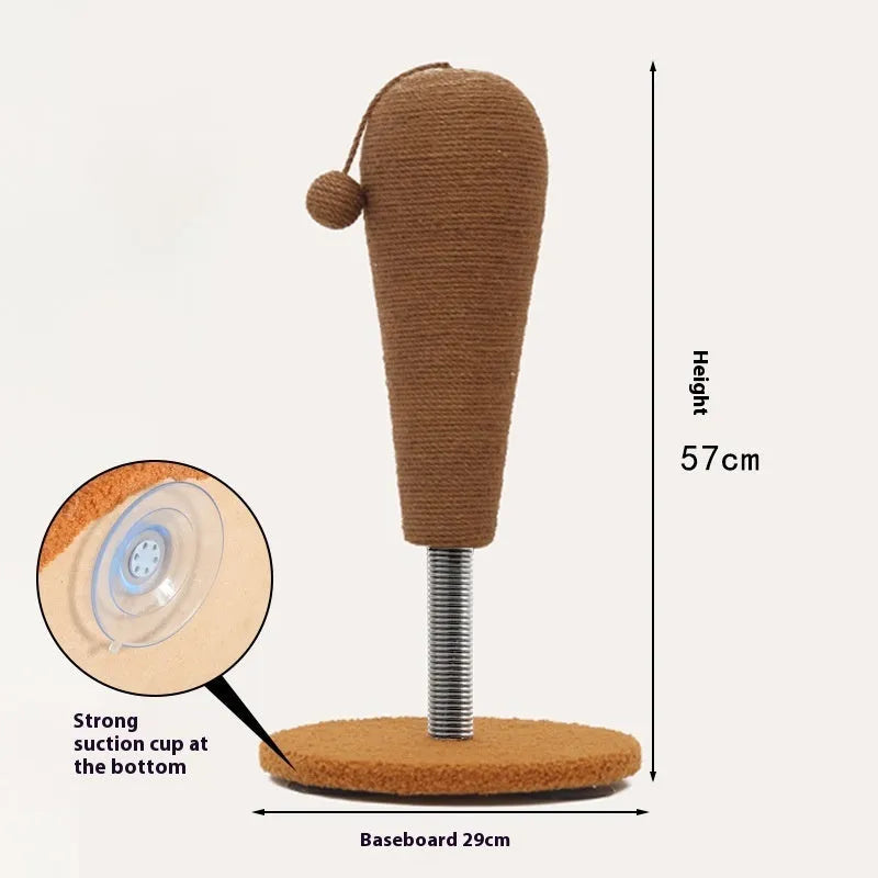 Cat scratching post with interactive tumbler toy made from natural hemp rope in large and small size options