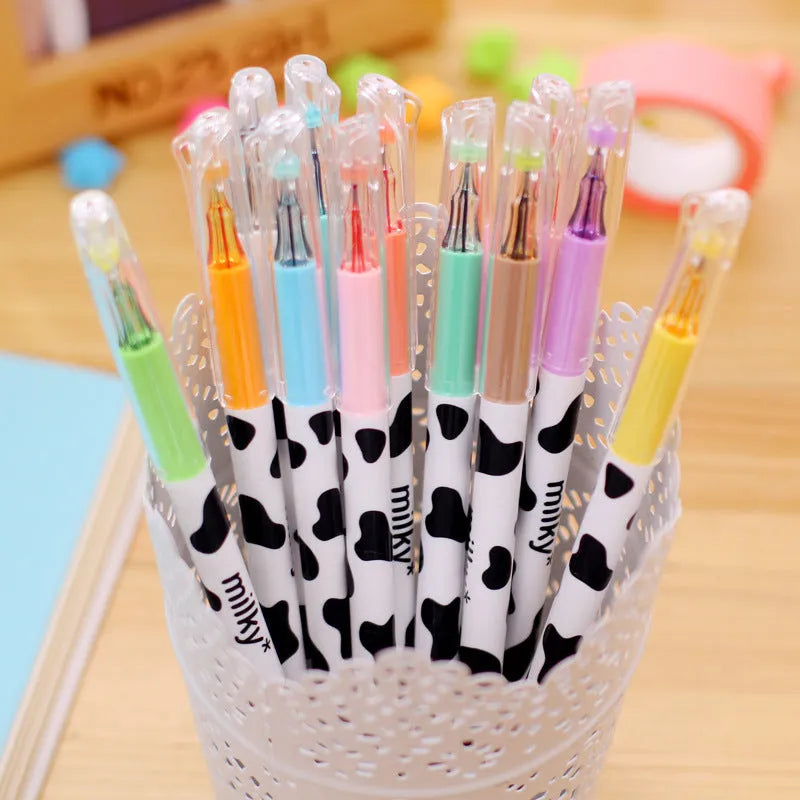 Cow print design gel pens with 0.38mm fine tips in 12 assorted ink colours