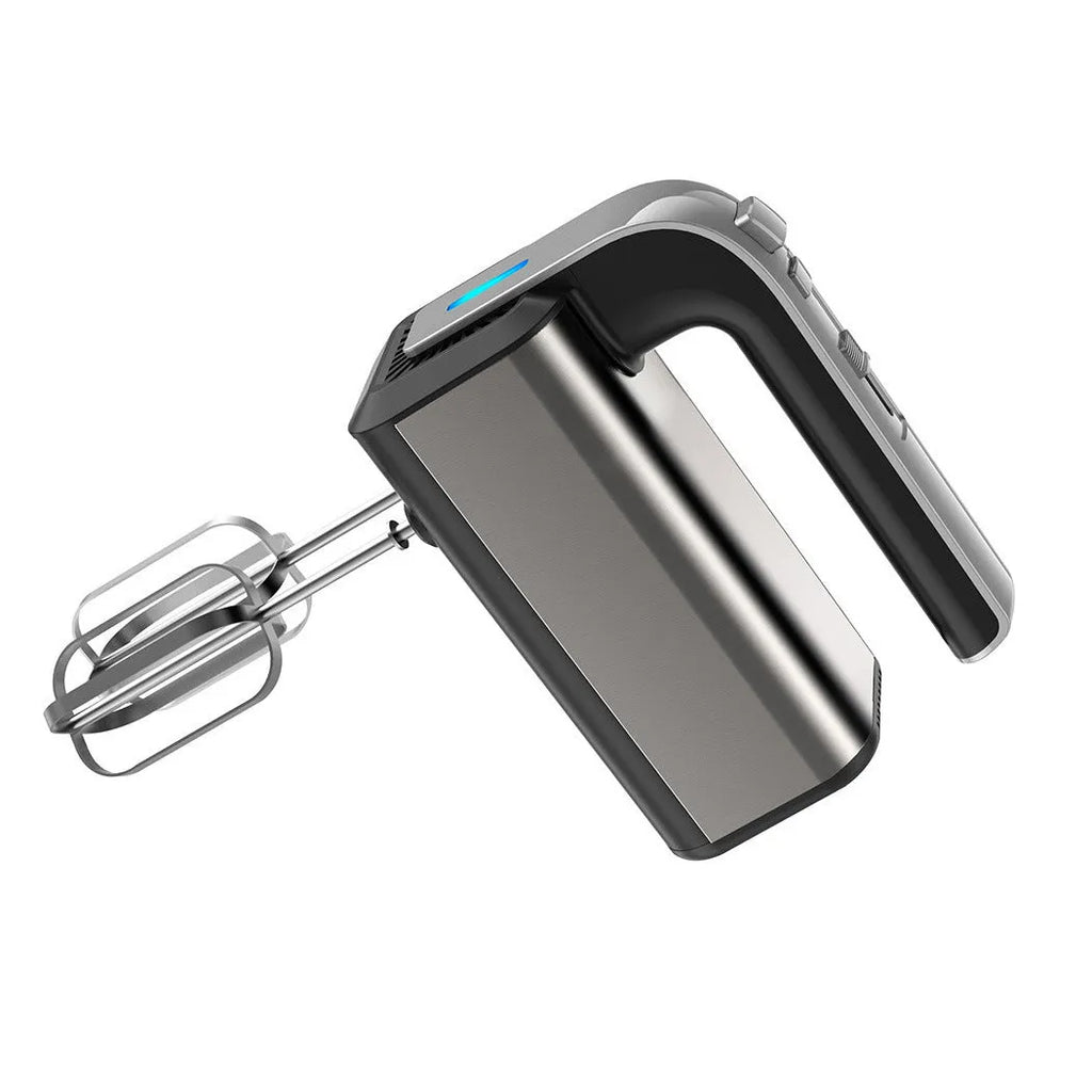 Silver handheld electric whisk with stainless steel beaters and five-speed control dial.