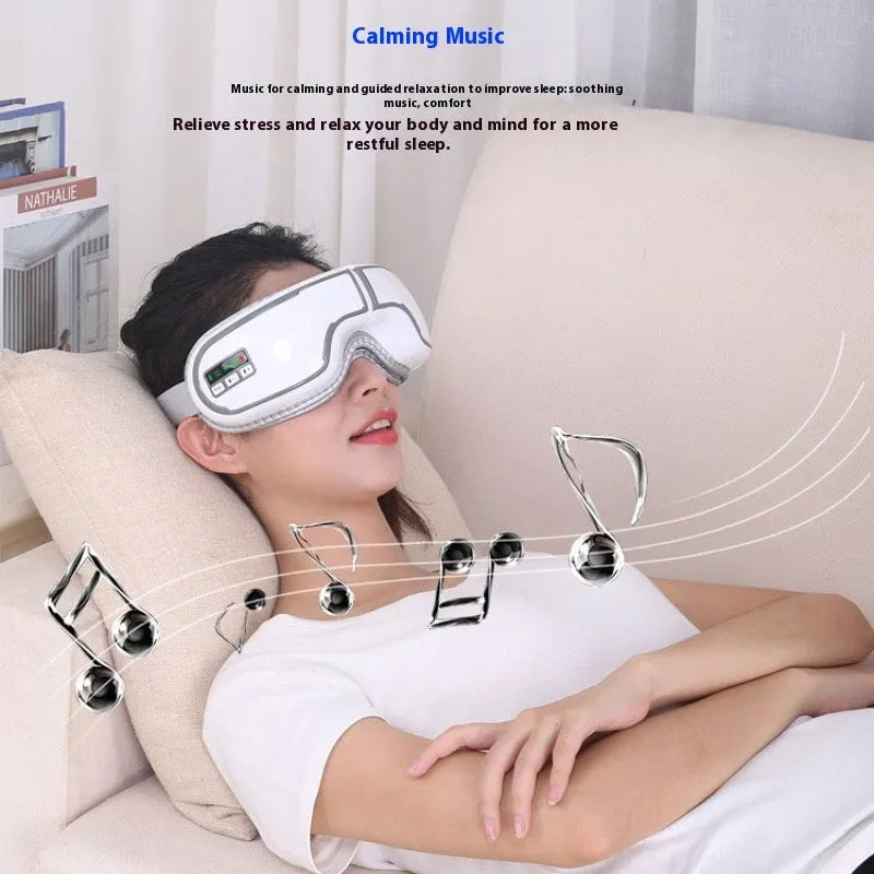 Smart Bluetooth eye massager with black finish and cushion pad for eye relaxation